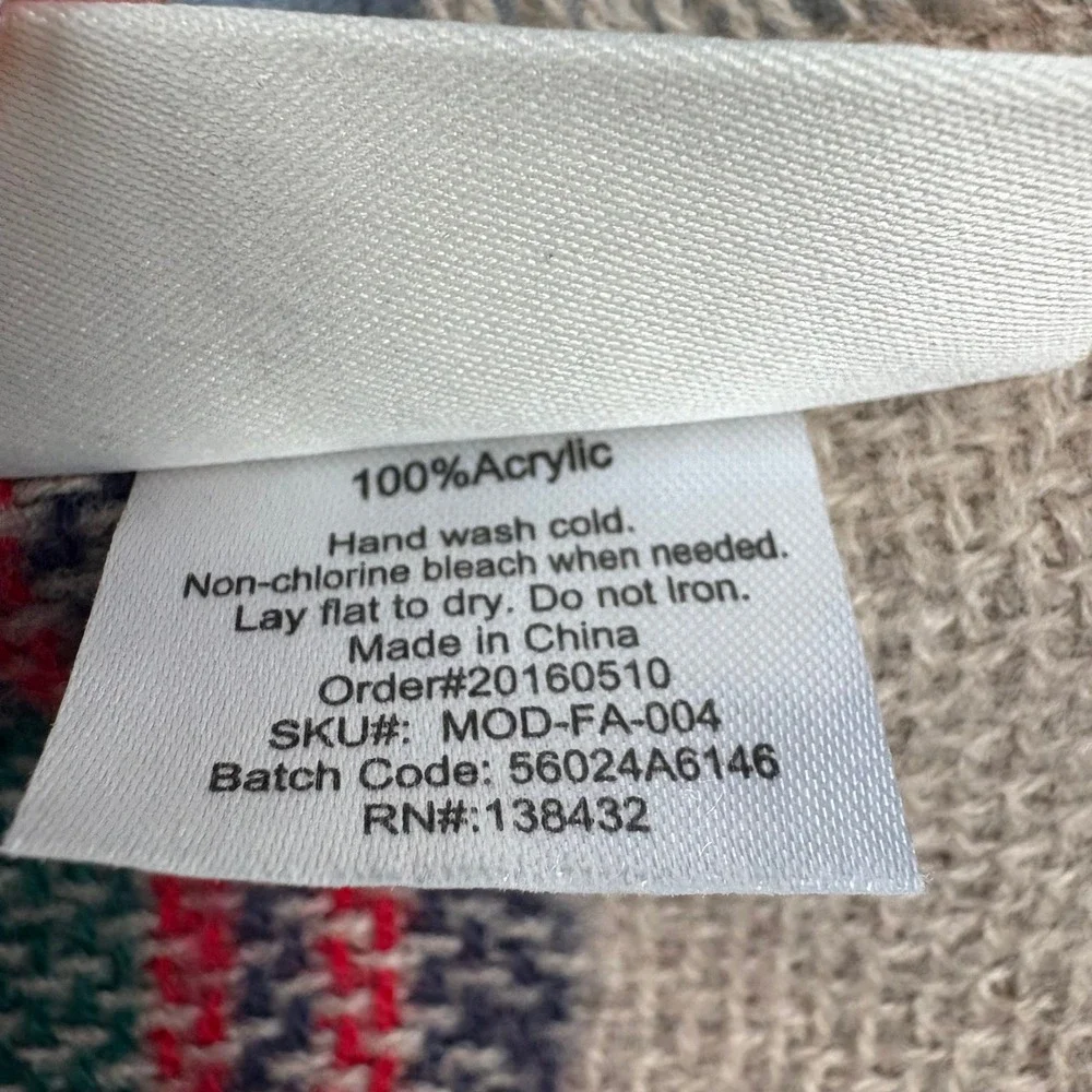 ModCloth Tan Red Green Plaid Blanket Scarf Fringed Square Oversized Cozy‎ Wrap